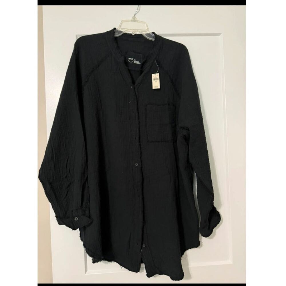 Aerie Gauzy Cover Up Shirt Black Oversized Long Sleeve Button Front NWT Medium
